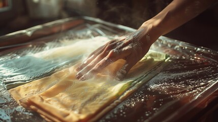 person wearing a patterned shirt reaches into a blue plastic laundry basket filled with colorful clothes