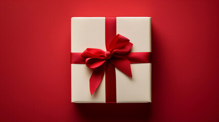 a white box with a red ribbon on a red background