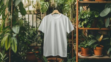 a white t-shirt surrounded by plants and a potted plant