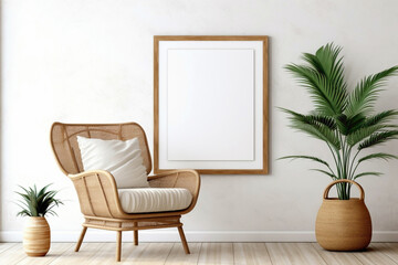 Step into the boho-chic atmosphere of a contemporary living space adorned with a wicker chair, floor vases, and a blank mockup poster frame on a crisp white wall.