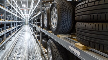 efficient tire storage system in warehouse, showcasing new car tires on rack for auto industry requirements - obrazy, fototapety, plakaty
