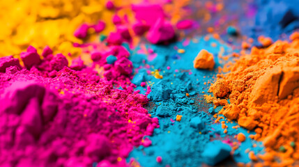 Fototapeta premium Vibrant colorful piles of yellow, pink, blue and orange pigment powders gather on the floor. Suitable for Holi festival presentations or banner design.