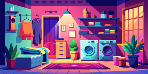 Cozy Laundry Bliss: Modern Washing Machines and Folded Clothes Illustration