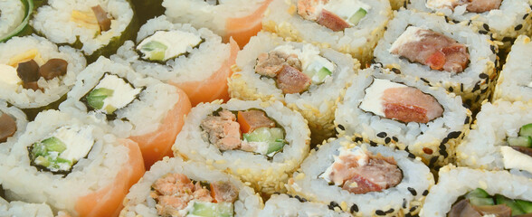 Close-up of a lot of sushi rolls with different fillings lie on a wooden surface. Macro shot of...