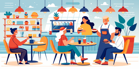 Cozy Café Moments: Vector Illustration of Patrons, Coffee, and Conversations - obrazy, fototapety, plakaty