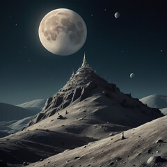 A Nocturnal Symphony of the Moon Embracing the Timeless Mountains".moon and mountains