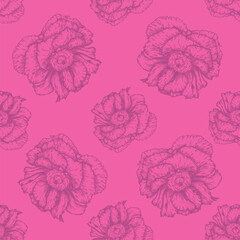 Bright summer botanical print with floral elements in a graphic style. Seamless vector print with hand-painted peonies on a pink background