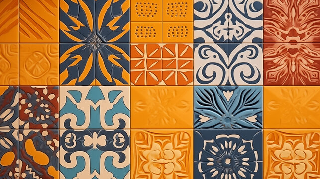 Fototapeta Marokańska mozaika boho - tło z kolorowych ornamentowych płytek. Kafelki ze wzorki. Pomarańczowe i niebieskie odcienie