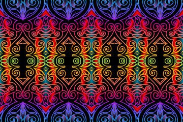 Seamless colourful batik ethnic dayak borneo line art pattern for aesthetic background or textile 