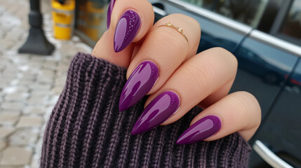 a woman's hand with a purple manicure