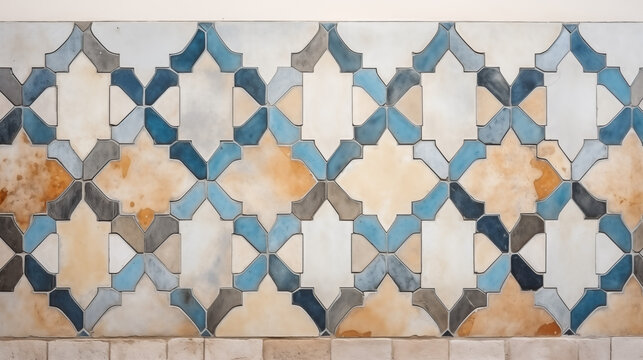 Fototapeta Kafelki na ścianie - tło z mozaiki z płytek w stylu boho, marokańskim. Geometryczne, symetryczne kształty. Niebieskie wzory. 