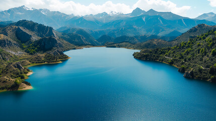 Fototapeta na wymiar an aerial view of a lake surrounded by mountains