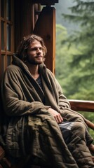 Obraz premium A happy Man wrapped in a blanket looks away on the porch of a wooden house on a rainy day against the background of a pine forest in the mountains. Nature, Travel, Lifestyle, Summer concepts.