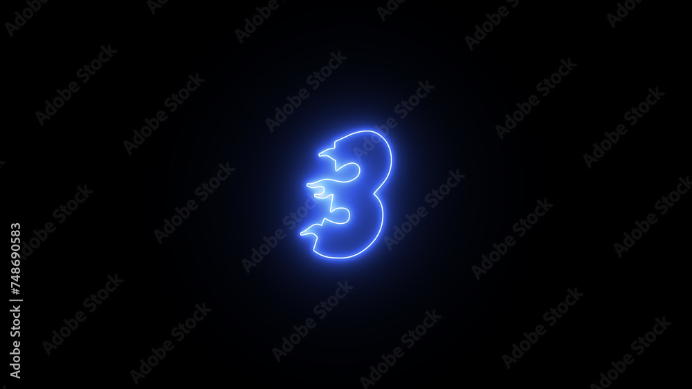 Fototapete 3d render, number three glowing in the black background. number 3 neon glowing futuristic light. neo