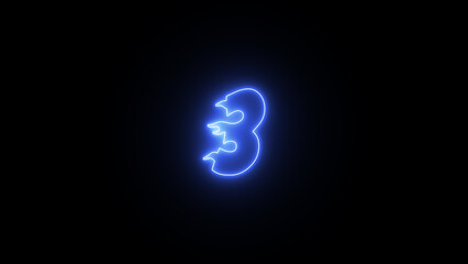 3d render, number three glowing in the black background. Number 3 neon glowing futuristic light. Neon shiny number 3 (Three) with text.