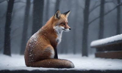 A red fox sits attentively on a snow-covered rock, its fur dusted with snowflakes. The tranquil winter scene is lit by the soft glow of distant lights. AI generation