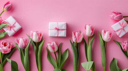pink tulips and gift boxes on a pink background's