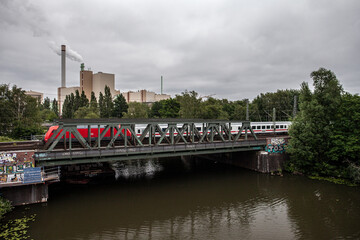 Railway Bridge with Consist in Front of Moorburg Power Station in Hamburg - obrazy, fototapety, plakaty