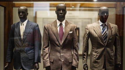 three mannequins dressed in suits and ties in a display case