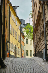 Fototapeta na wymiar Travel, architecture and road in vintage alley with history, culture or holiday destination in Sweden. Vacation, old buildings and antique stone street in Stockholm with cobble path in ancient city