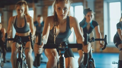 energizing indoor biking session with group of women and men in gym for fitness and wellness