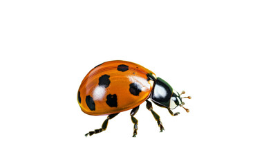 Ladybug Crawling on Green Leaf Close-Up on white background