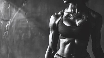 awe-inspiring black and white photo featuring the torso of a very muscular young woman with copy space, promoting strength and empowerment
