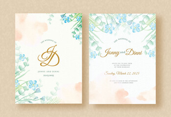 Wedding Invitation Card with Watercolor painting of Blue Flowers and Splash