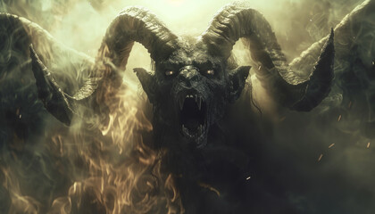 Portrait of the devil from hell in the dark. - obrazy, fototapety, plakaty