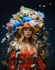 Une femme habillée avec des déchets et sacs poubelle - generative AI - 748692153