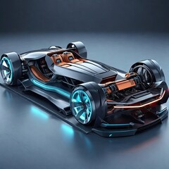 Naklejka premium futuristic electric sport fast car chassis, high-performance battery packs, or future electric vehicle (EV) factory production and prototype designs displayed as a large banner with copy space