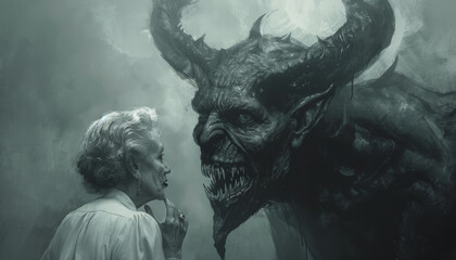 A pact with the devil or Satan, the old sinful woman listens to the advice of the devil from hell. The evil intent of a person. - obrazy, fototapety, plakaty