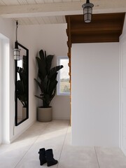  Scandinavian style hallway. White walls, neutral shades. 3D rendering