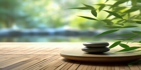 Zen stones on a bamboo table.