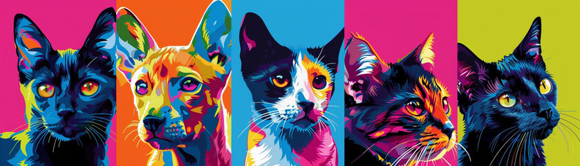 A colorful series of pop art cats with a dynamic and modern twist, featuring bold contrasts and striking patterns.