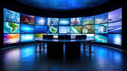 Multimedia video wall for television broadcasting, showcasing the dynamic display of various content.