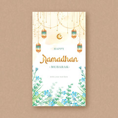Ramadan Mubarak Greeting Card Watercolor with Painting of Lantern and Blue Florals