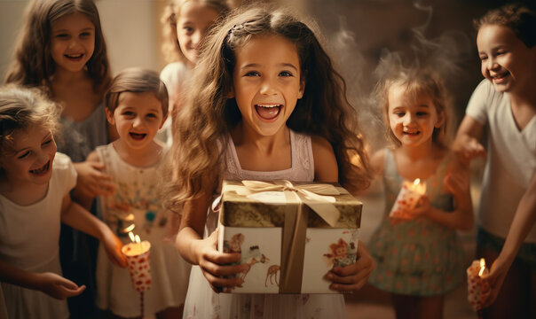 Happy Cute Girl Is Surprised In Opening Her Birthday Presents.