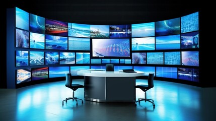 The multimedia news studio features a dynamic video wall that displays various content in real-time. - obrazy, fototapety, plakaty