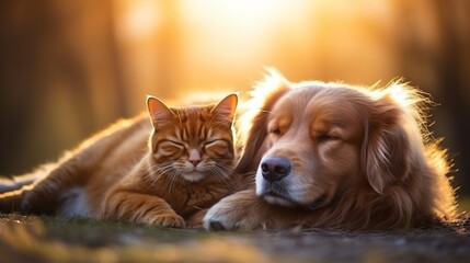 Adorable dog and cat cuddle on spring green grass field, pets enjoying sunny day in nature