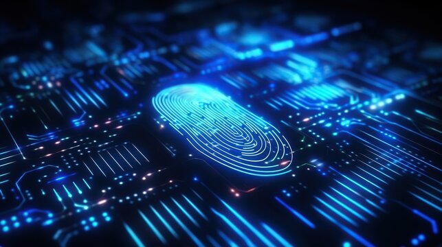 Digital fingerprints with digital binary code. Biometric authorization and business security system with fingerprint scanning.