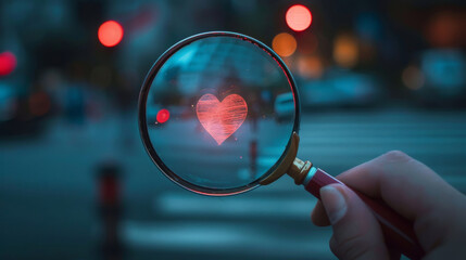 Hand holding a magnifying glass, seeking love symbolized by a heart shape icon, illustrating the pursuit of finding a romantic relationship - obrazy, fototapety, plakaty