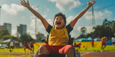 A person with a disability participating in a sports event with determination and joy. | A child...