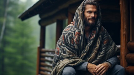 Fototapeta premium A brutal Happy Man wrapped in a Blanket sits near a wooden house on a rainy day against the background of a forest in the mountains. Horizontal Banner, Nature, Travel, Lifestyle, Summer, Copy Space.
