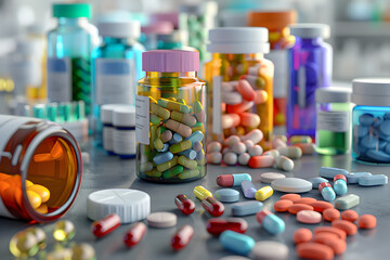 Medical concept - colorful bottles with diffeernt types of drugs and pills - 748693921