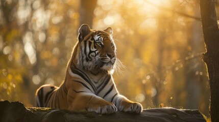 a close up of a tiger laying on a log in a forest with trees and sunlight shining through the trees.