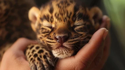 Foto op Aluminium captivating wildlife closeup featuring the sweet innocence of a newborn baby leopard cub © CinimaticWorks