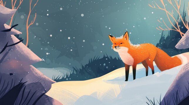 a painting of a red fox standing in a snowy forest with snow falling on the ground and trees in the background.