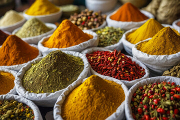 Fototapeta premium Eastern local market, piles of colorful aromatic spices. Sacks with seasonings, different types of powder and herbs on the background, pepper and cinnamon.
