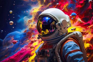 A fantastic illustration of a man in a white astronaut suit standing among colorful rainbow clouds and asteroids looking into the distance. Space, other worlds, neon colors.